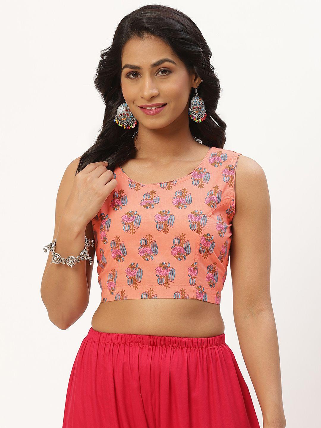 molcha peach ethnic motifs non padded back open with bow tie-up cotton sleeveless blouse