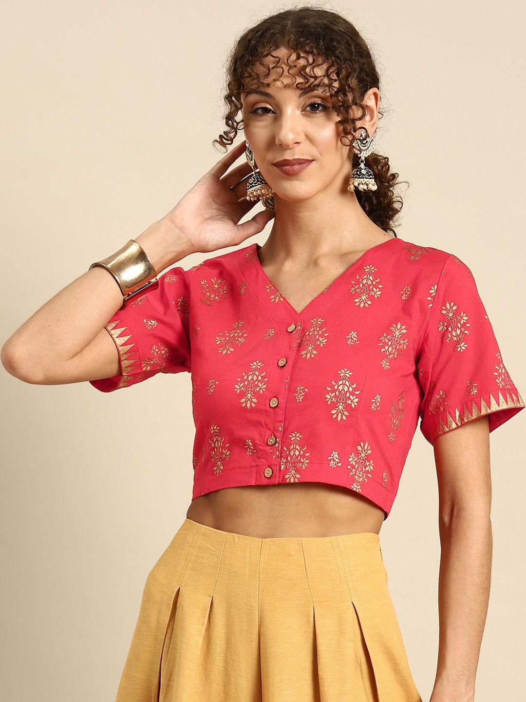molcha printed v-neck zari saree blouse