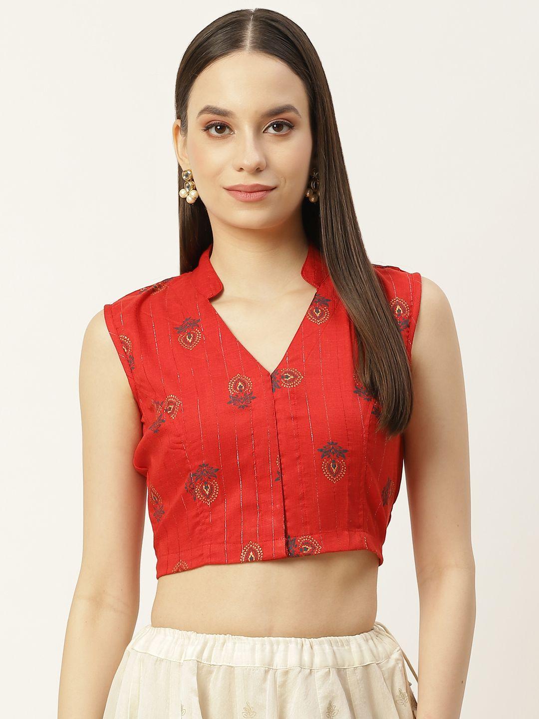 molcha red & gold ethnic metallic printed non padded front open cotton sleeveless blouse