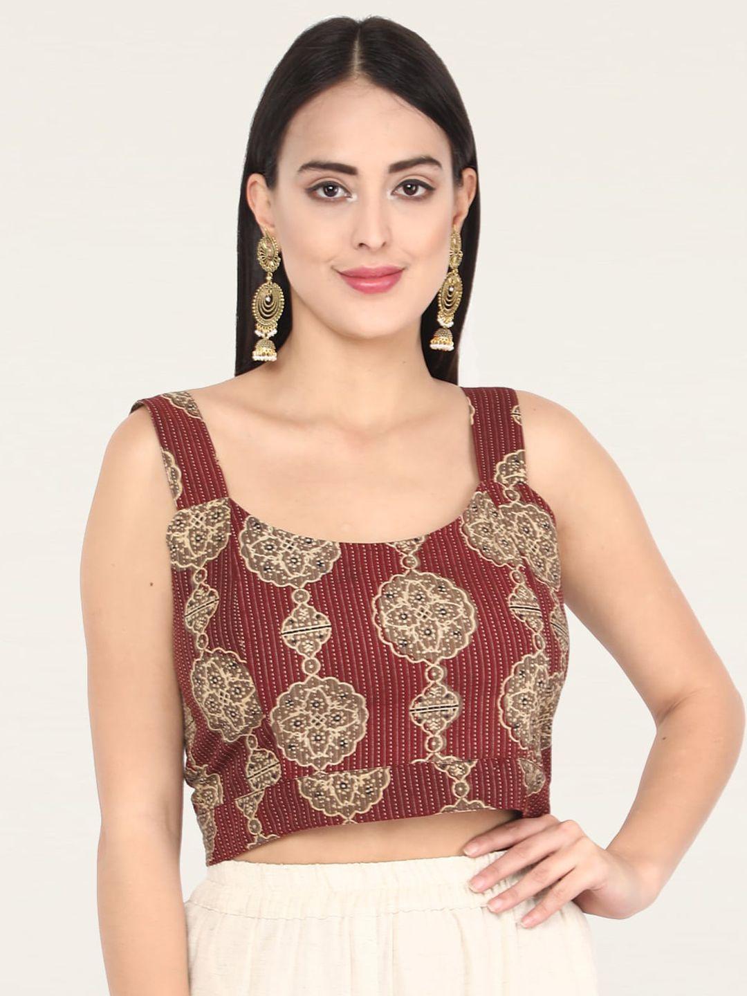 molcha women brown & beige printed cotton saree blouse