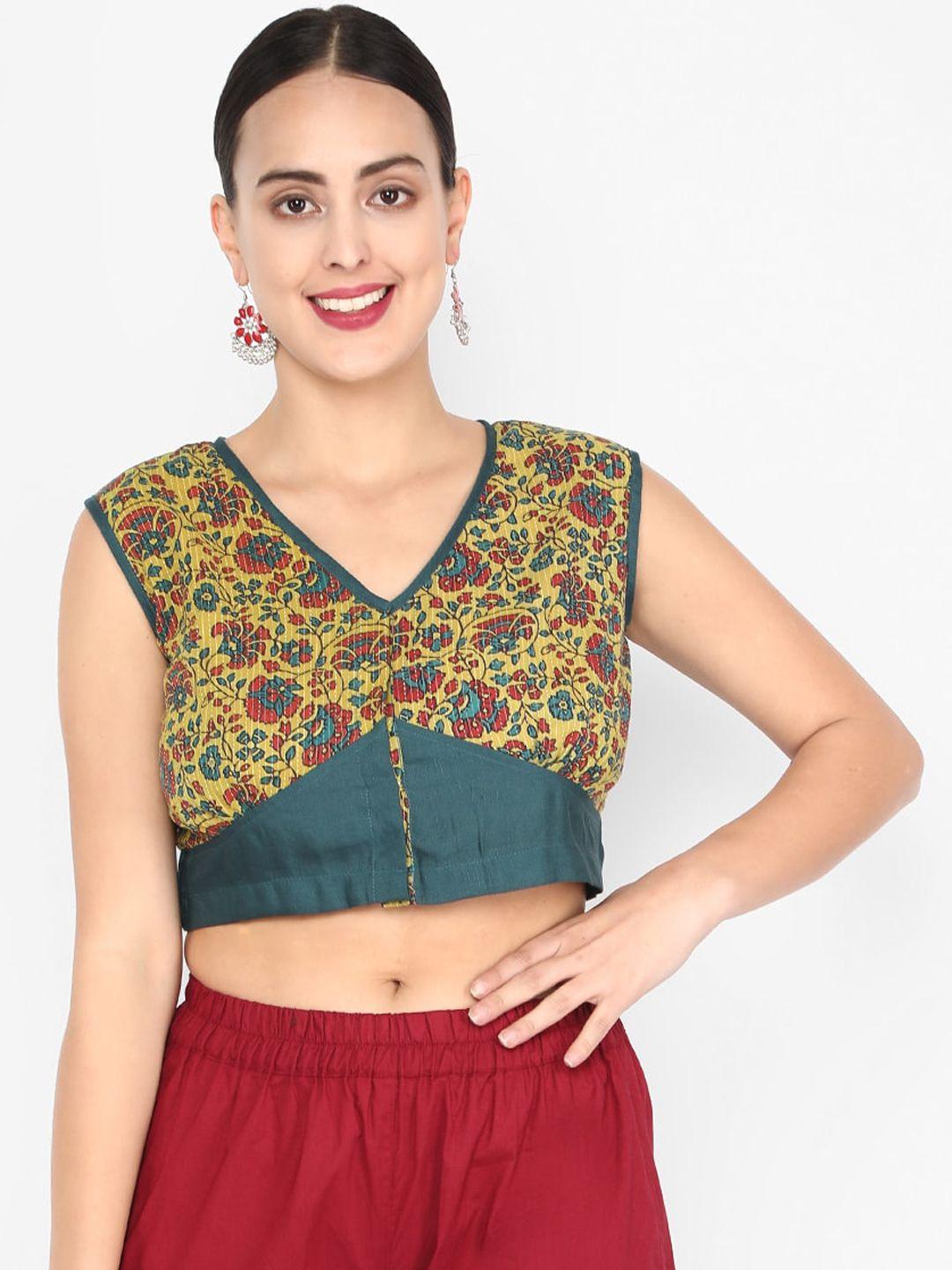 molcha women green & red printed saree blouse