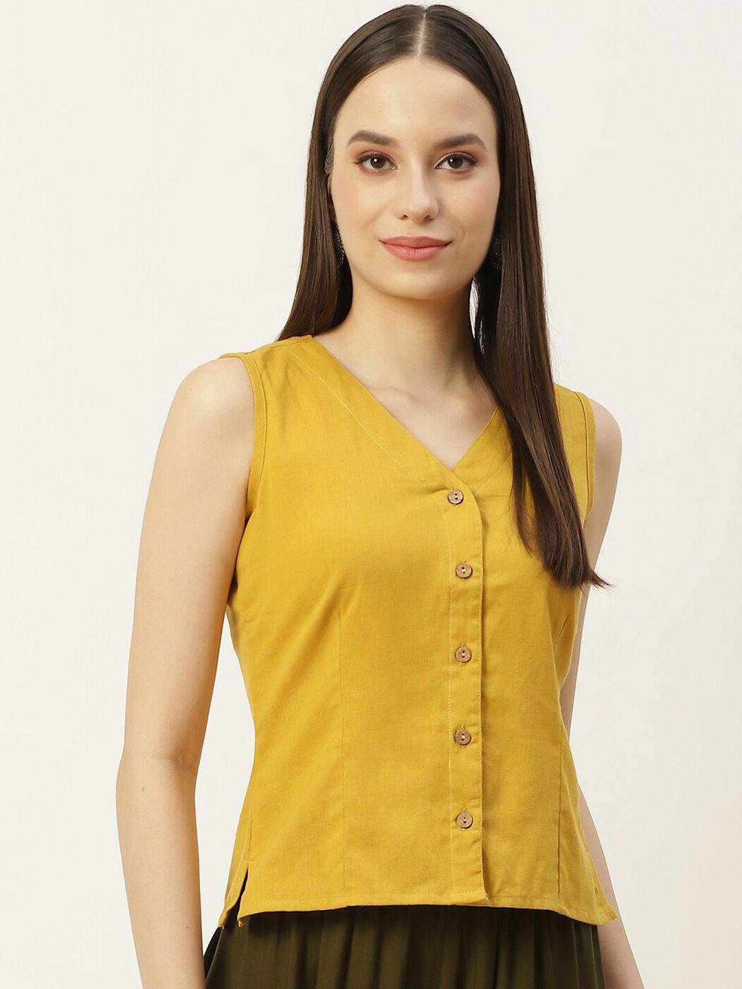 molcha women mustard-coloured solid cotton long saree blouse