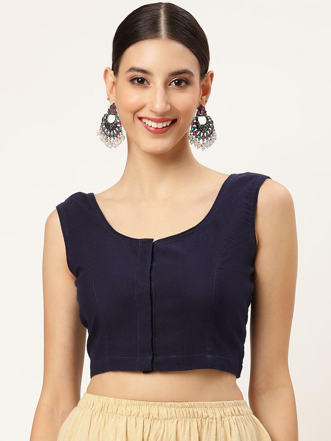 molcha women navy blue cotton saree blouse with embroidered detail