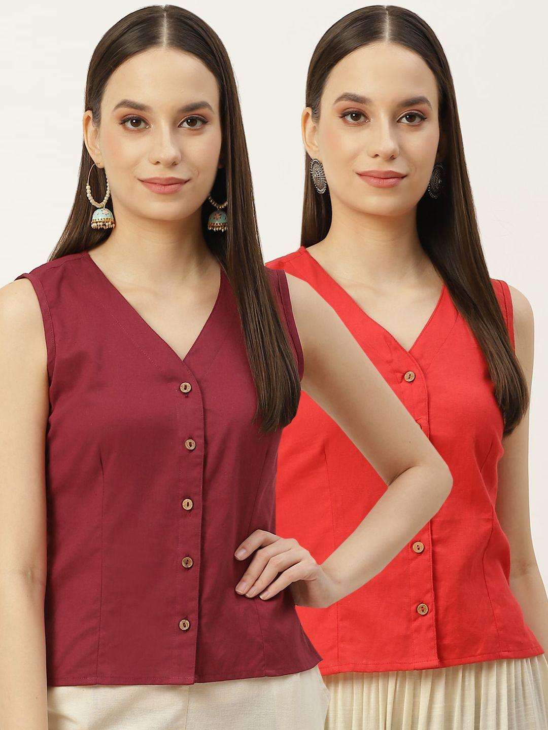 molcha women pack of 2 maroon & red solid non padded cotton long blouse