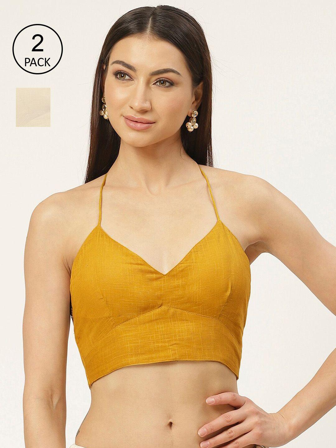 molcha women pack of 2 mustard yellow & beige solid pure cotton padded saree blouse