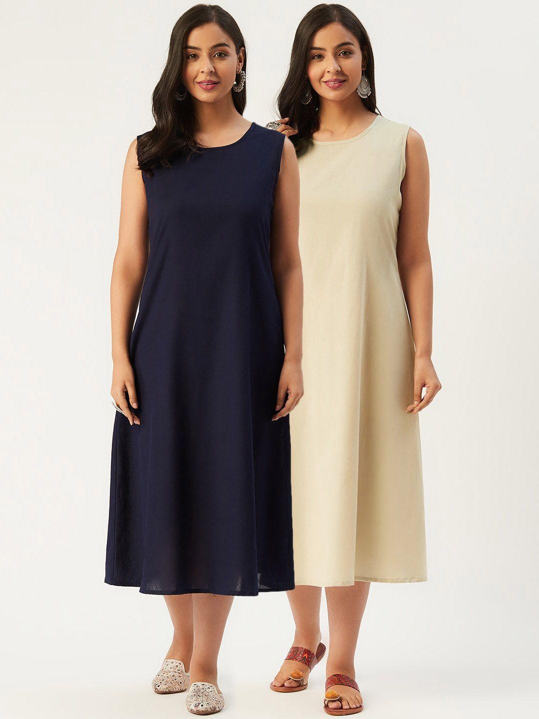 molcha women pack of 2 off white & navy blue a-line midi dress