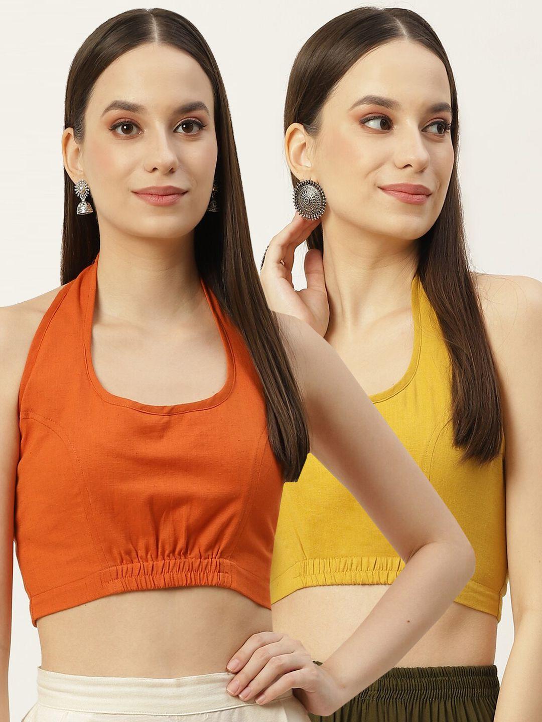 molcha women pack of 2 orange & yellow solid cotton saree blouse