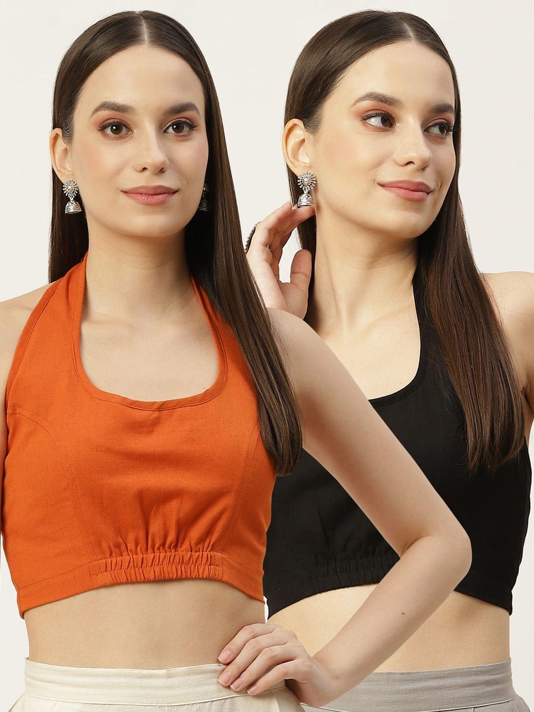 molcha women pack of 2 rust orange & black solid cotton saree blouse