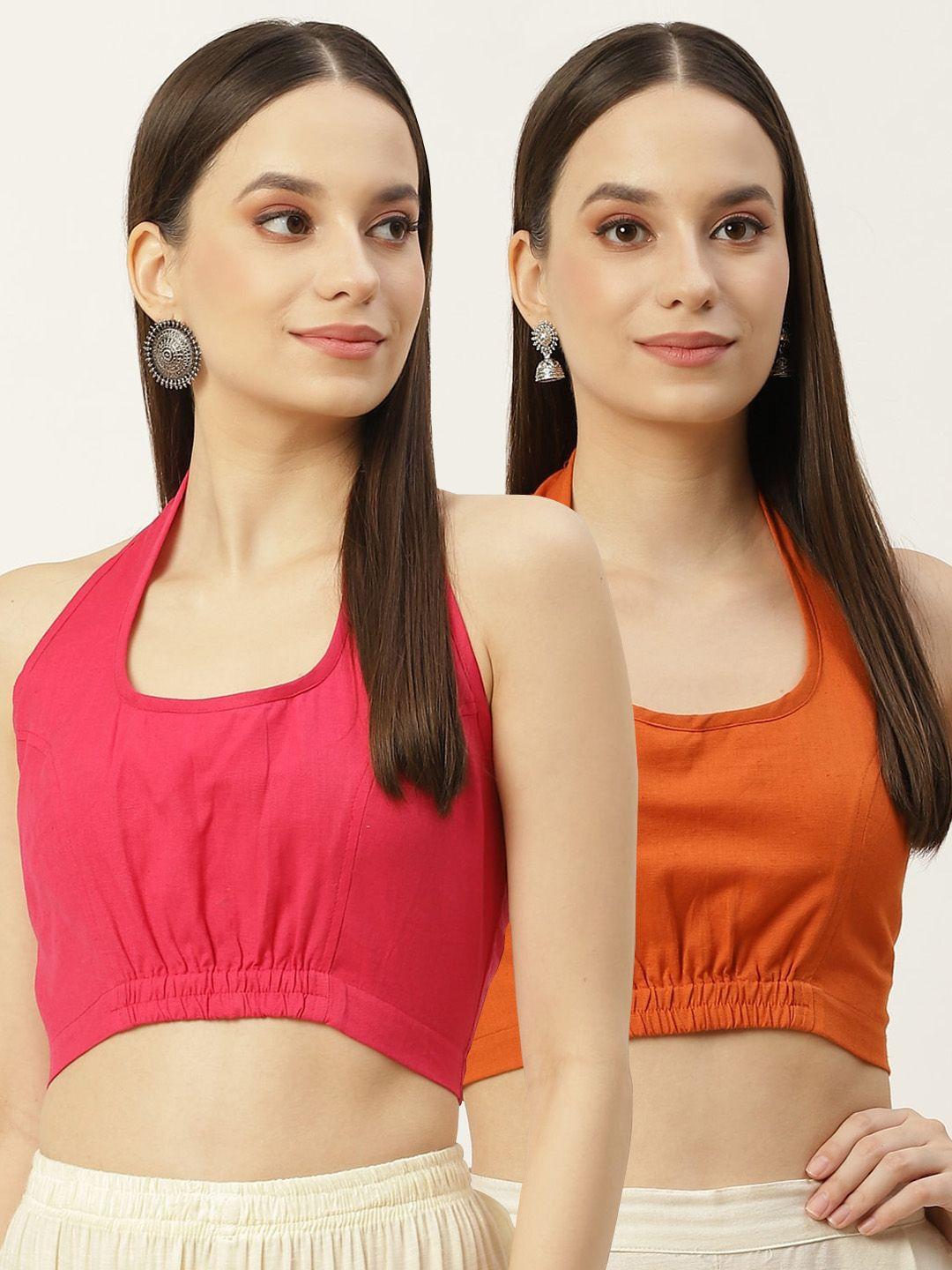 molcha women pink & rust pack of 2 non padded halter neck cotton blouse