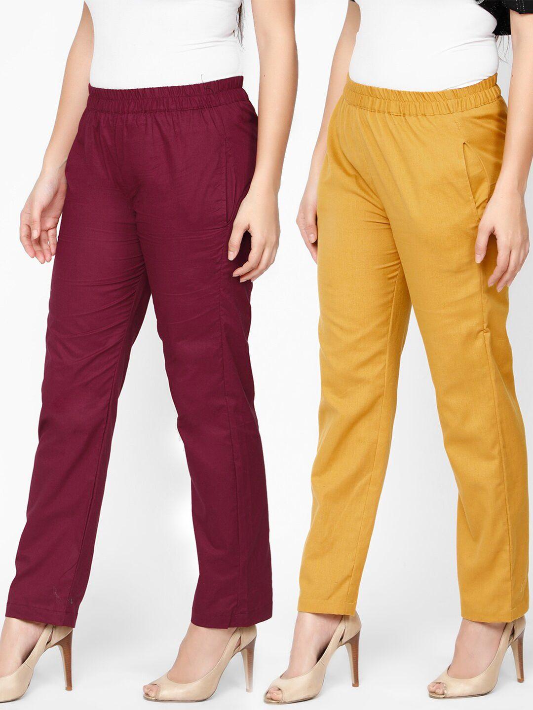 molcha women set of 2 maroon regular cotton trousers