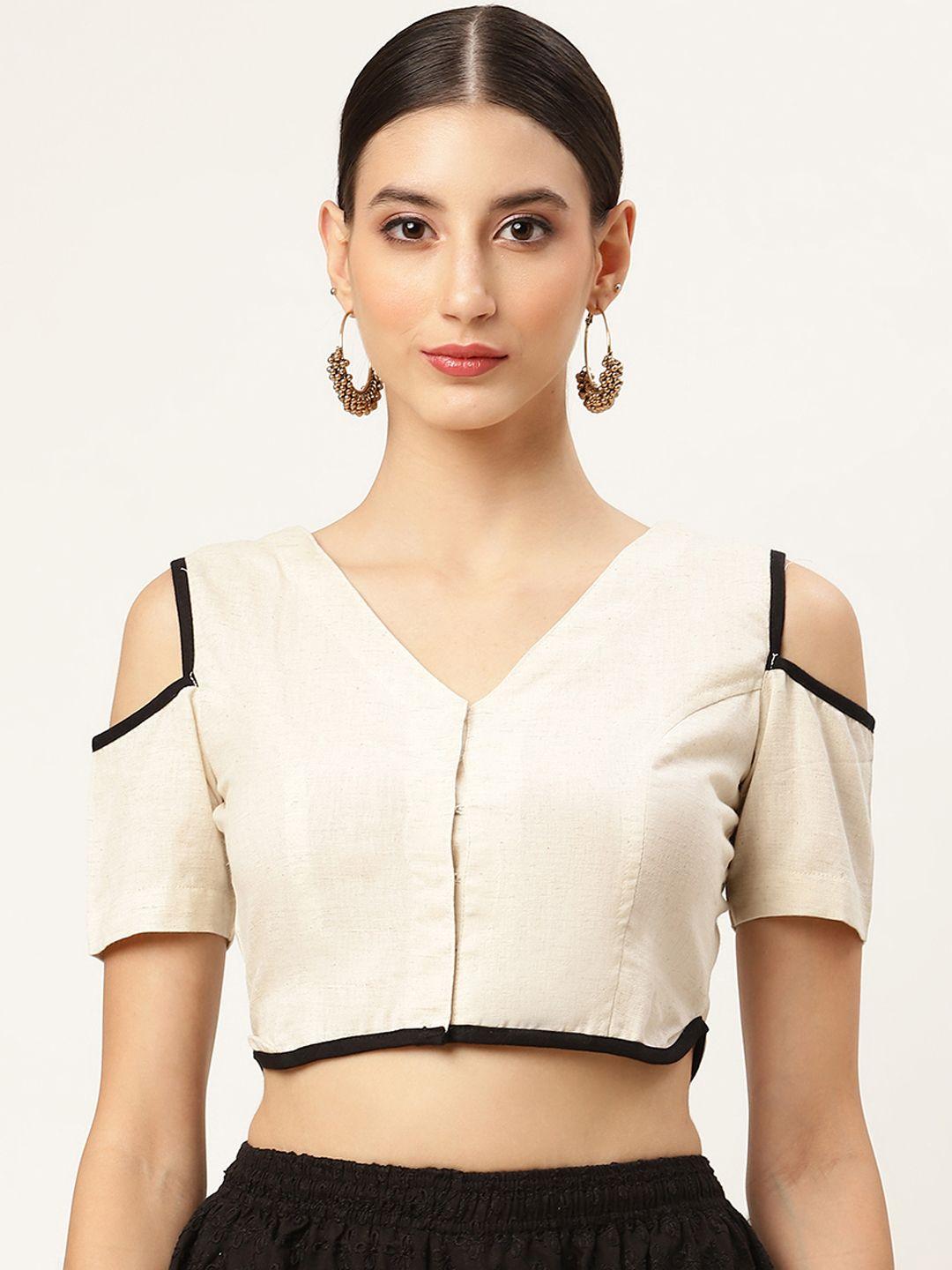 molcha women white solid cotton saree blouse with cold-shoulder sleeves
