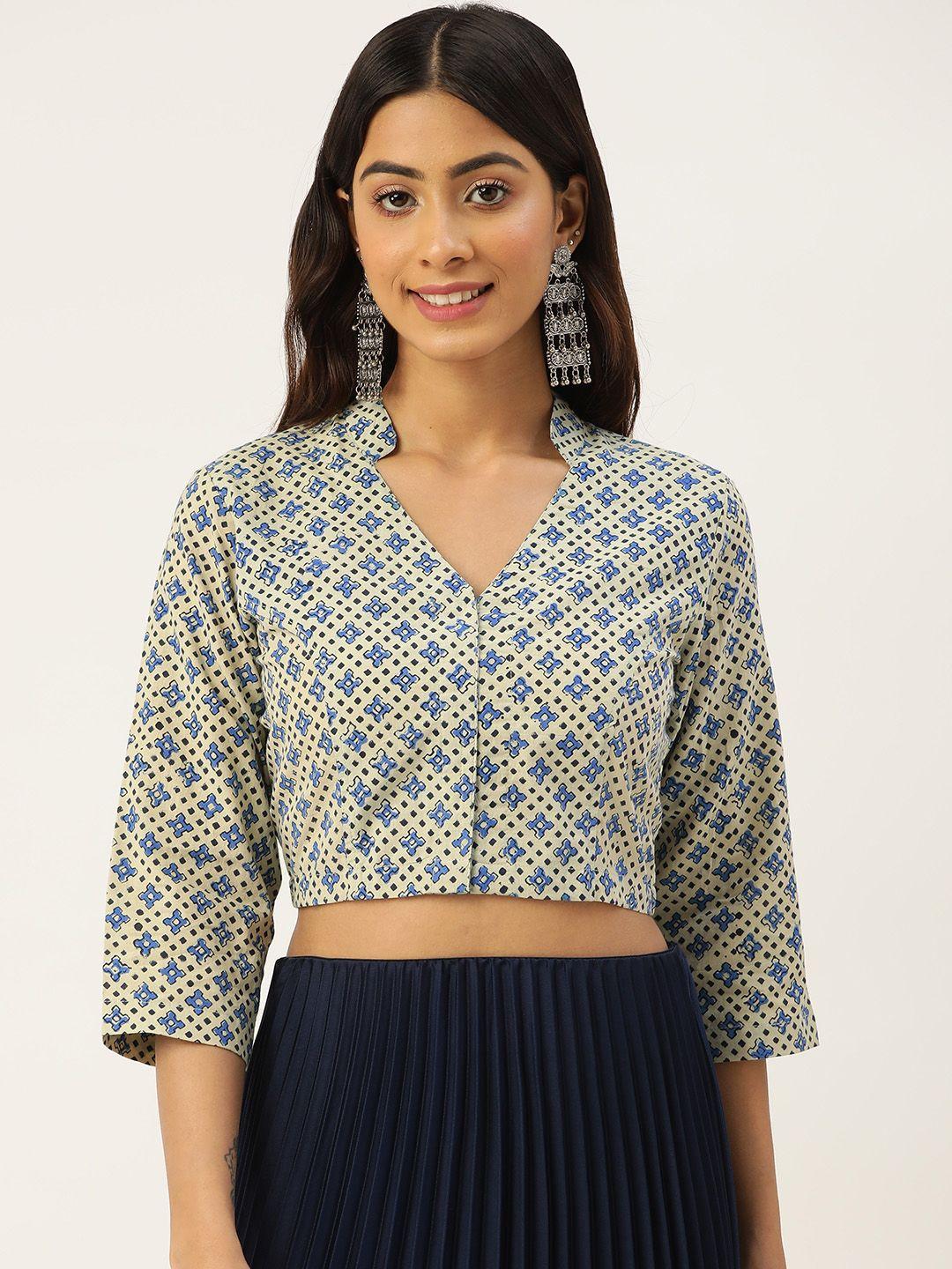 molcha yellow & blue geometric print pure cotton non-padded saree blouse