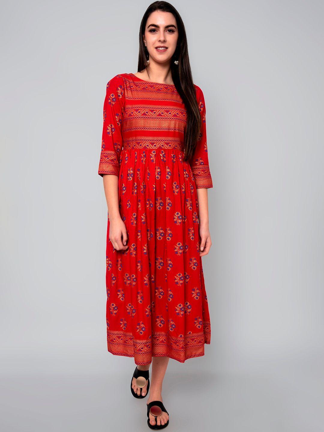 mollar women red ethnic motifs printed sequinned block print anarkali kurta