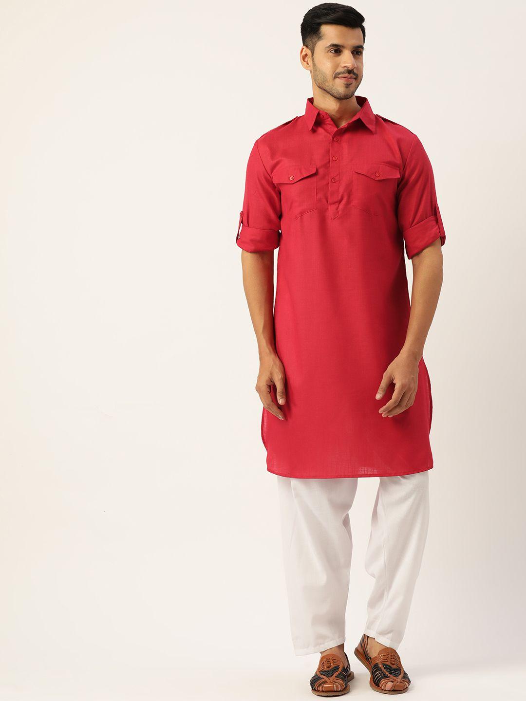 molly & michel men red solid pure cotton kurta with salwar