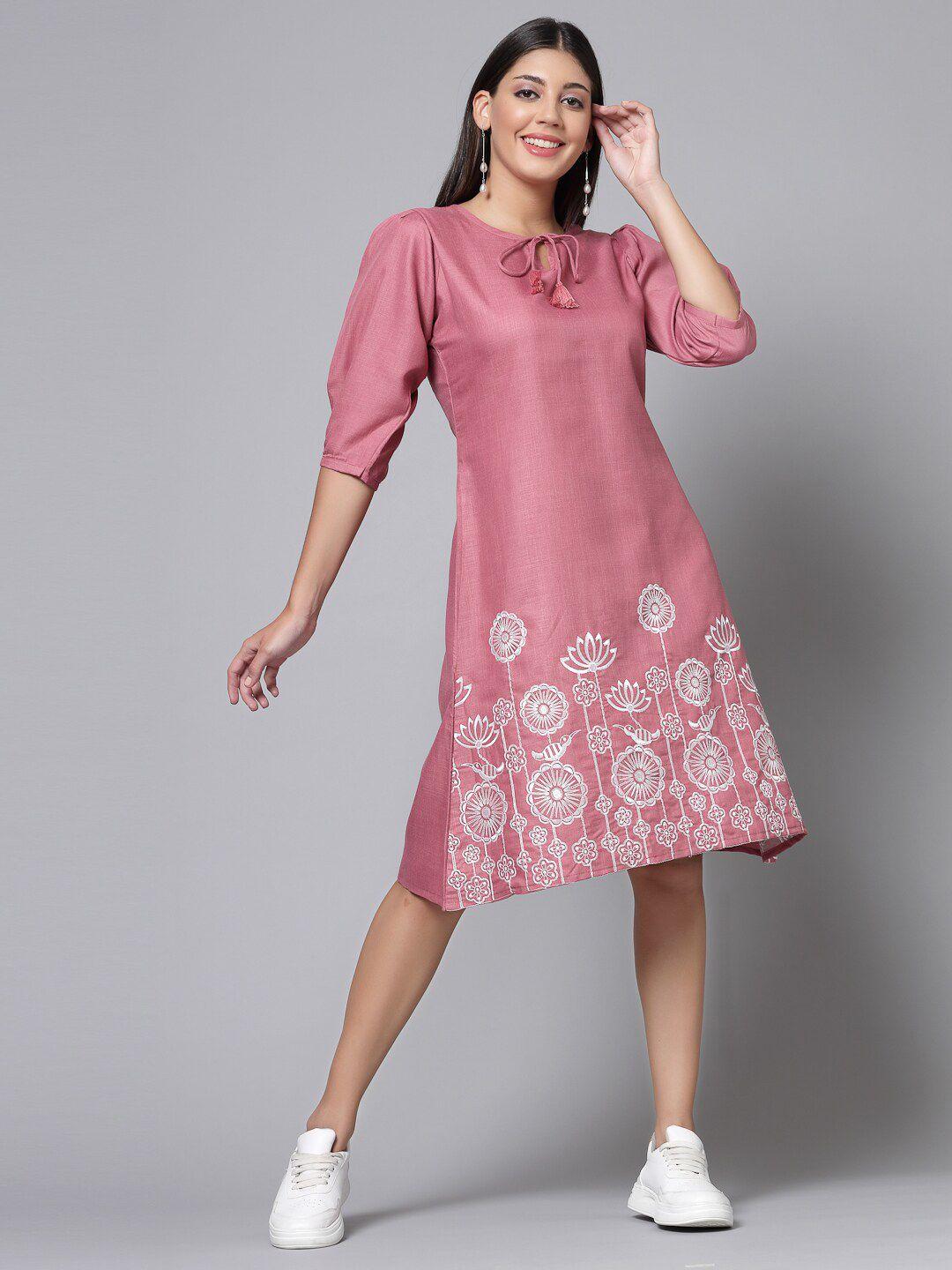 molly & michel tie-up neck puff sleeves embroidered casual a-line dress