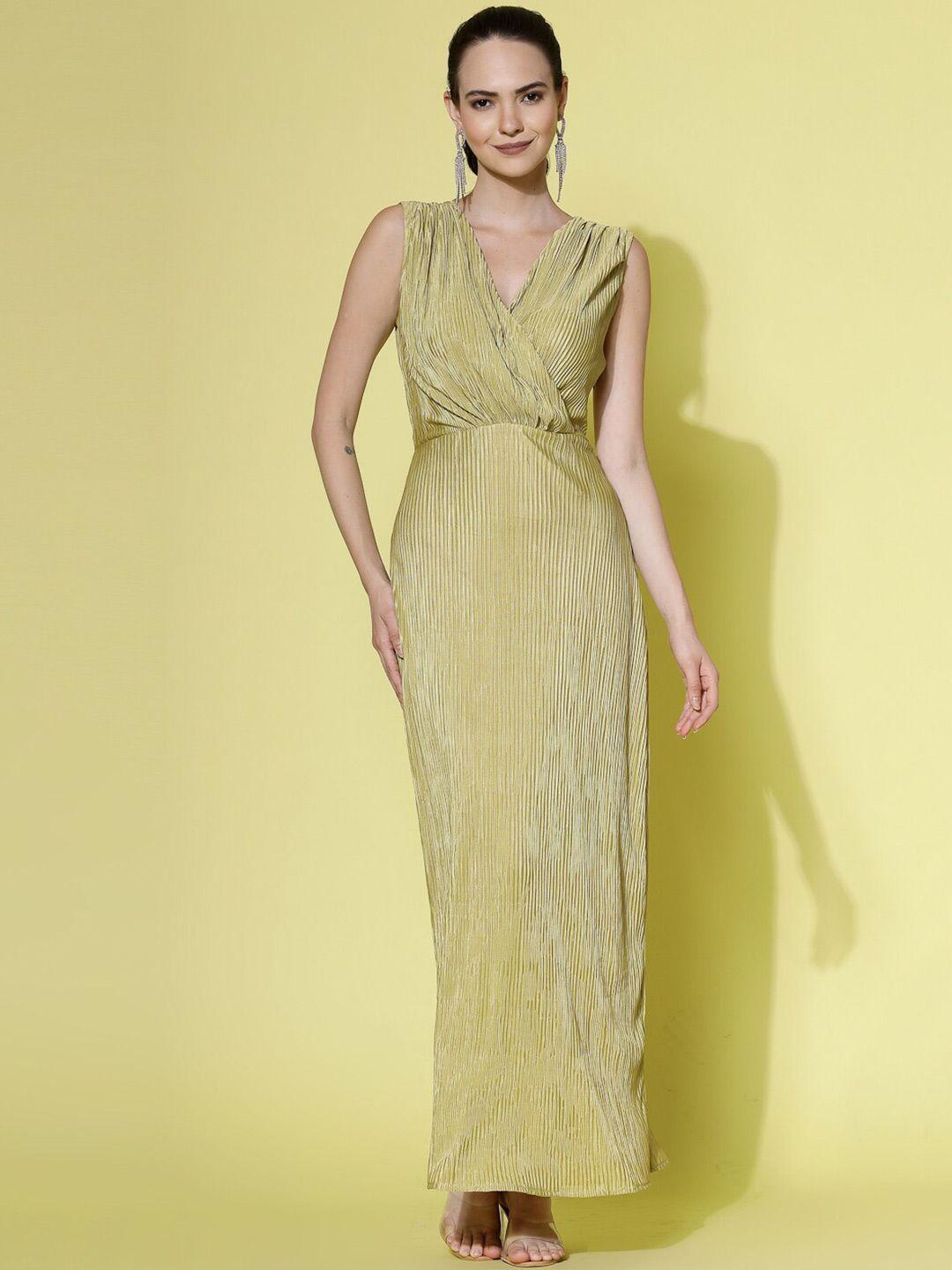 molly & michel accordion pleated sleeveless v-neck satin maxi dress