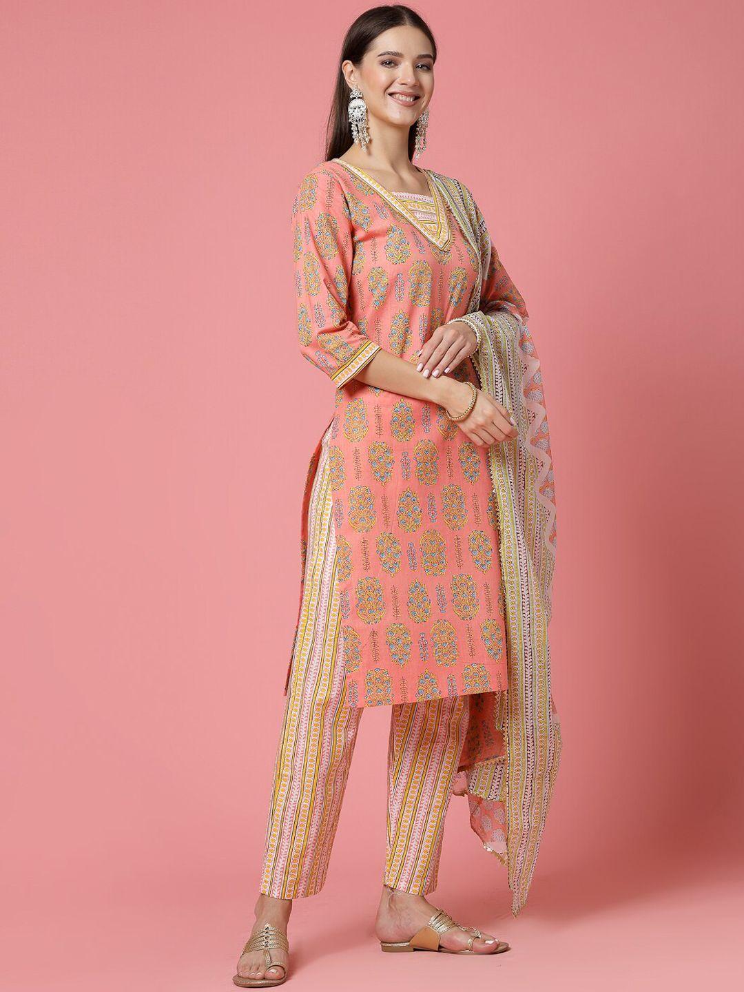 molly & michel ethnic motifs printed regular pure cotton kurta with trousers & dupatta