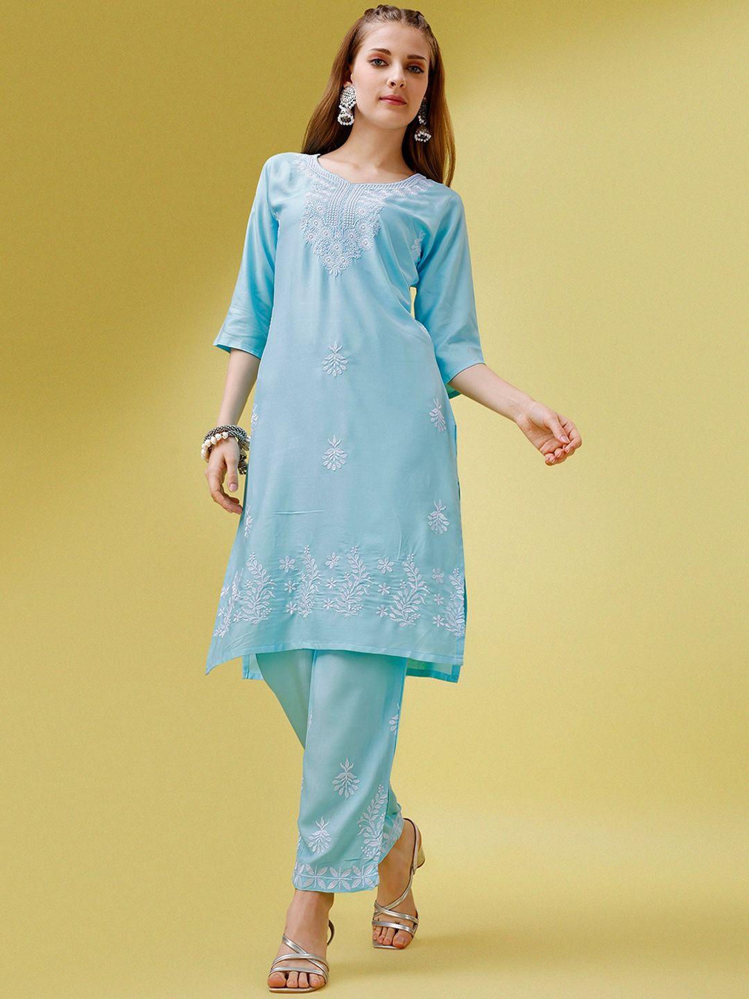 molly & michel floral embroidered thread work straight kurta with trousers