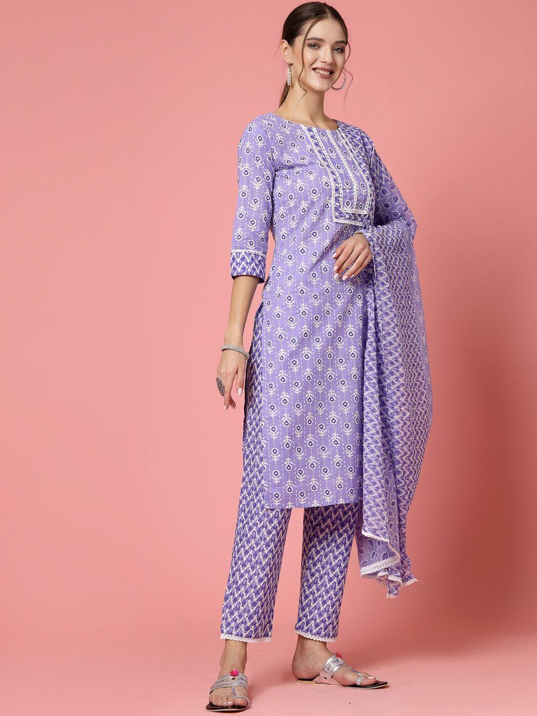 molly & michel floral printed regular pure cotton kurta with trousers & dupatta