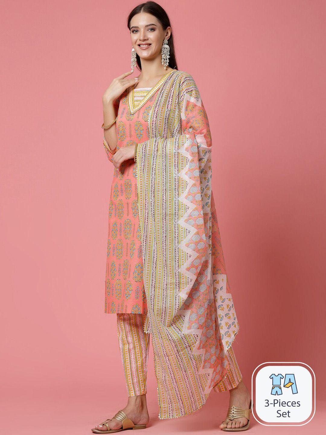 molly & michel floral printed regular pure cotton straight kurta & trousers with dupatta