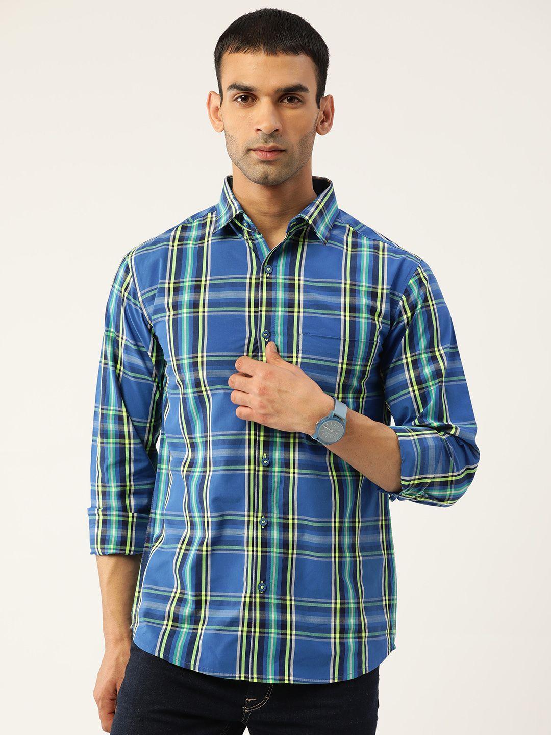 molly & michel men blue & yelllow slim fit cotton checked casual shirt