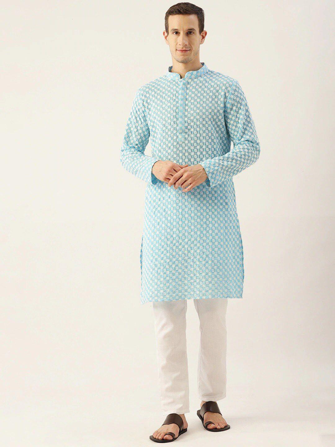 molly & michel men blue floral embroidered floral kurta
