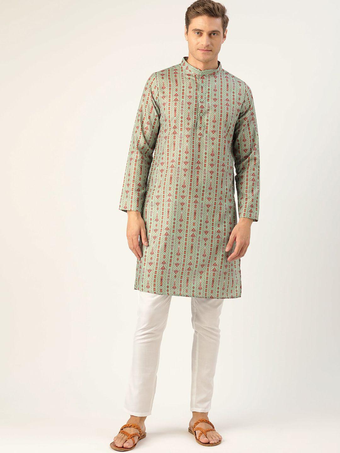 molly & michel men green & yellow geometric printed cotton kurta