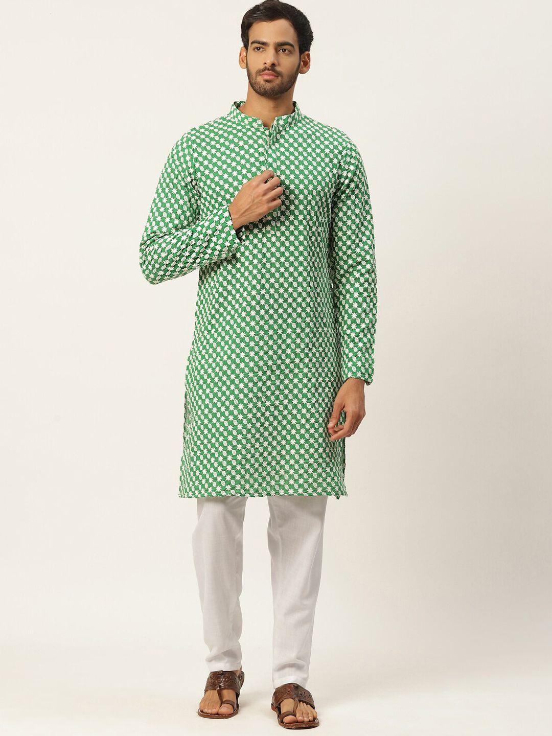 molly & michel men green floral embroidered thread work floral kurta