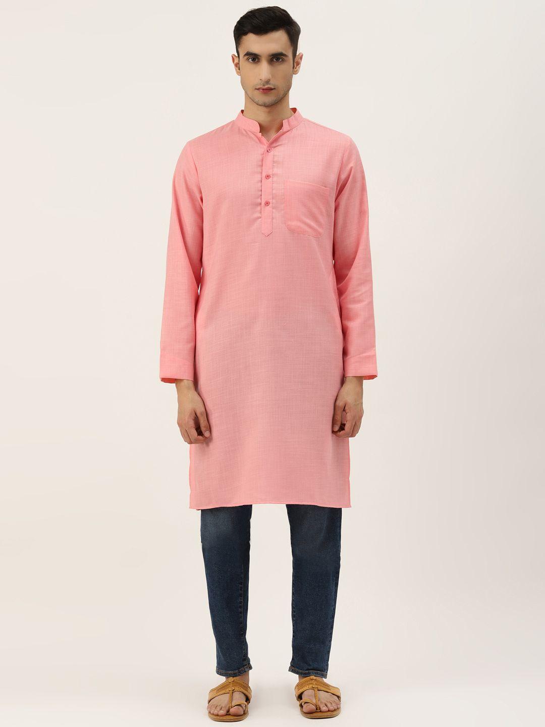 molly & michel men peach-coloured solid cotton straight kurta