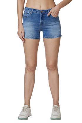 mom fit above knee cotton women's casual wear shorts - mid blue