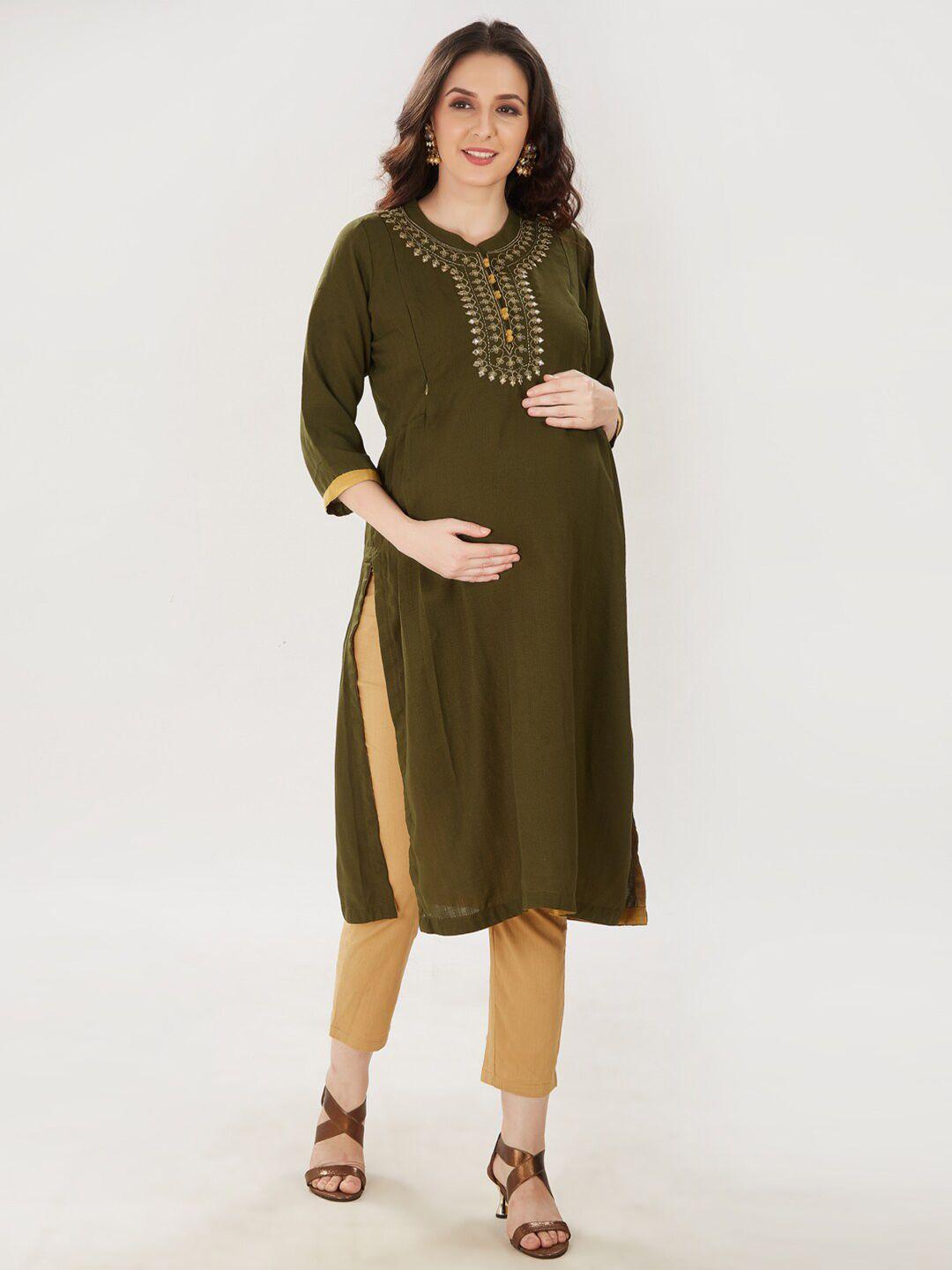 mom for sure by ketki dalal women olive green embroidered maternity crepe kurta