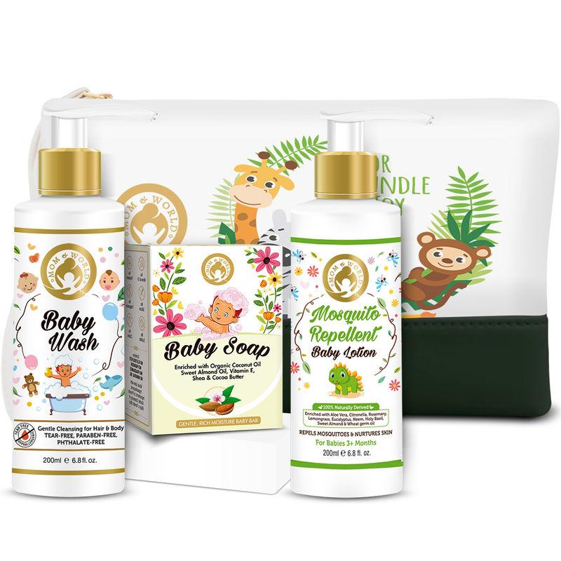 mom & world baby wash + baby soap + mosquito repellant baby lotion with pouch