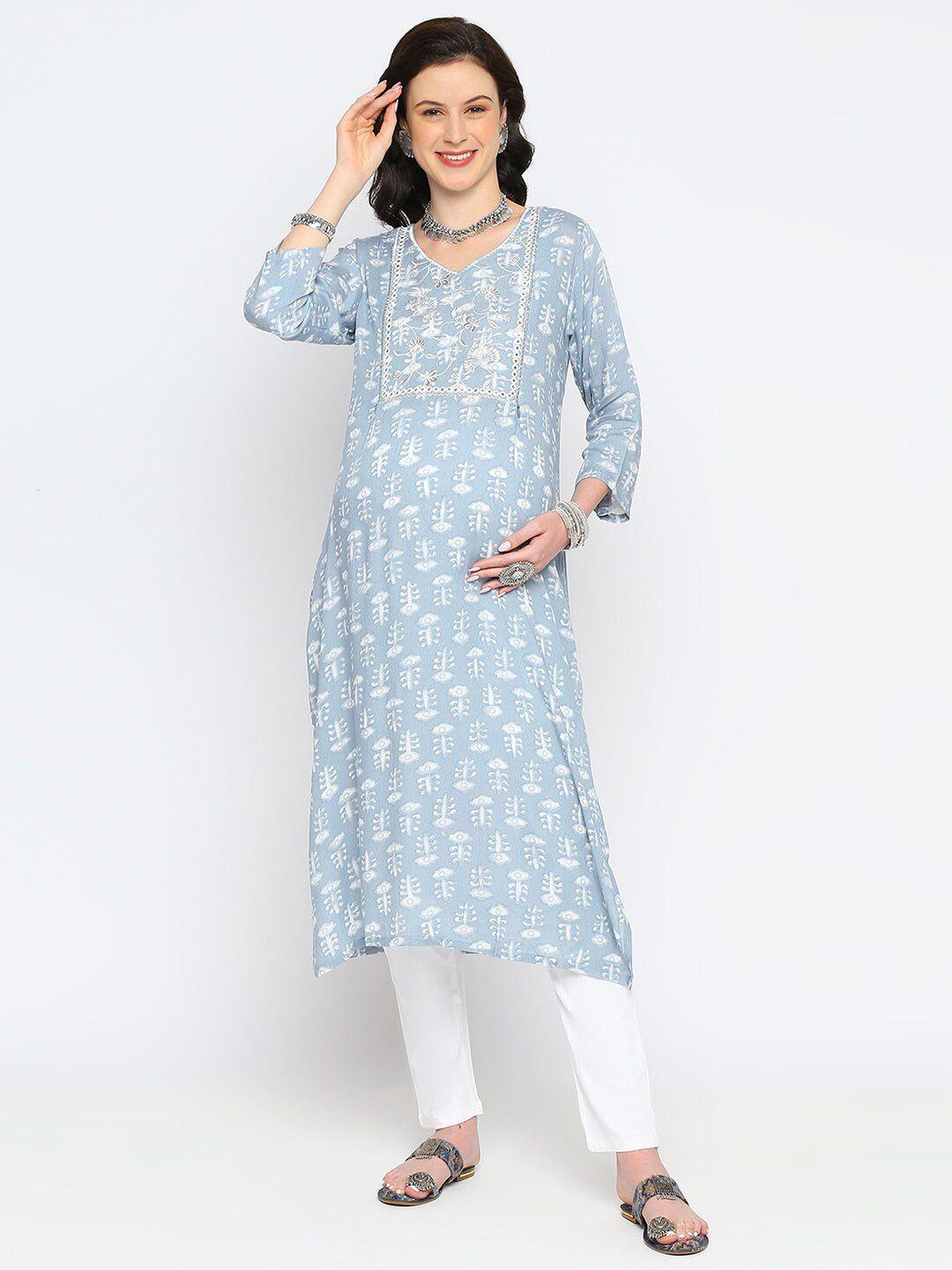 mom for sure by ketki dalal blue ethnic motifs printed maternity straight kurta