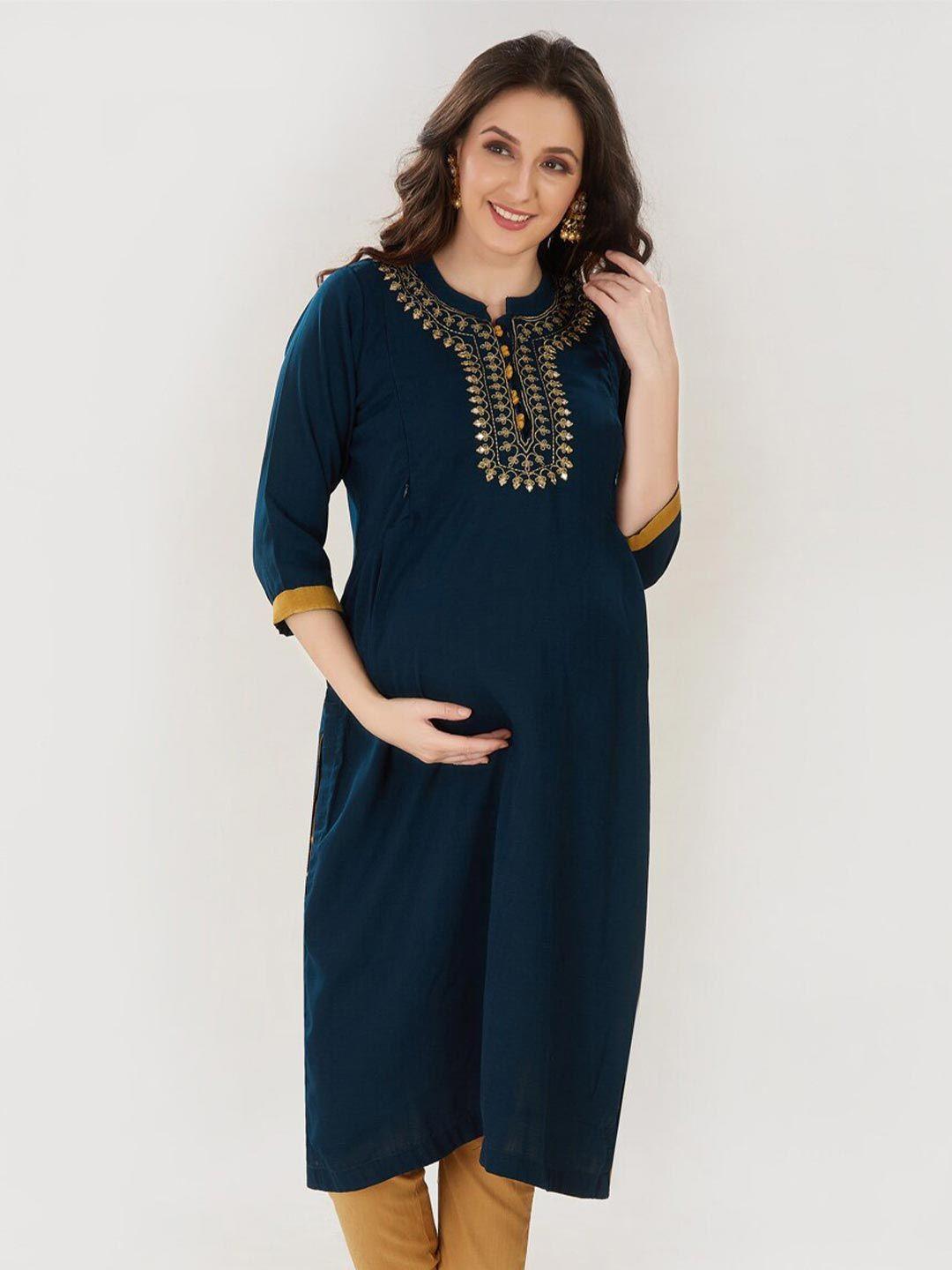 mom for sure by ketki dalal blue tie-up neck crepe maternity a-line midi dress