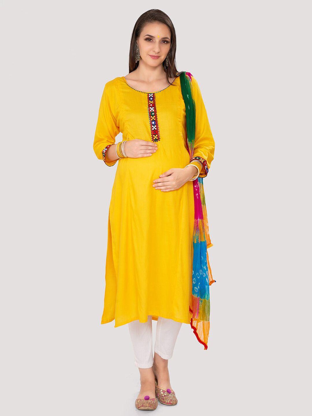 mom for sure by ketki dalal embroidered round neck straight maternity kurtas with dupatta