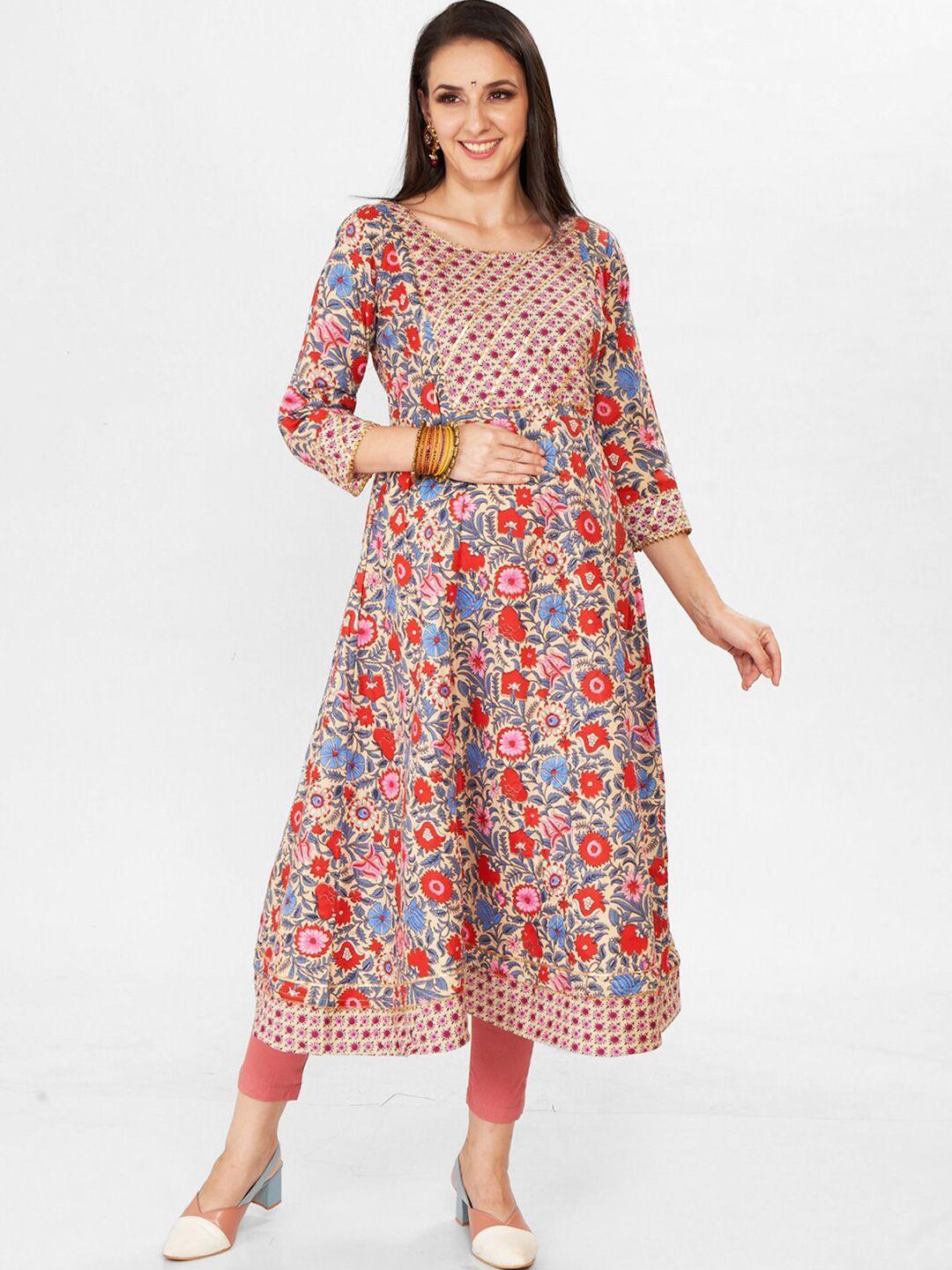 mom for sure by ketki dalal floral printed a-line cotton maternity kurta