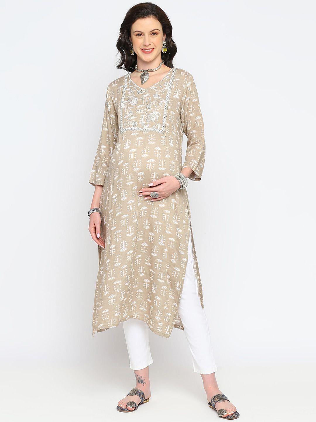 mom for sure by ketki dalal floral printed round neck cotton maternity kurta