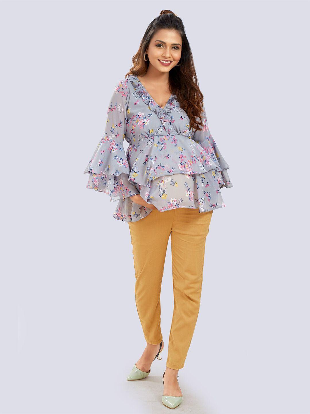 mom for sure by ketki dalal maternity grey & pink floral print empire top