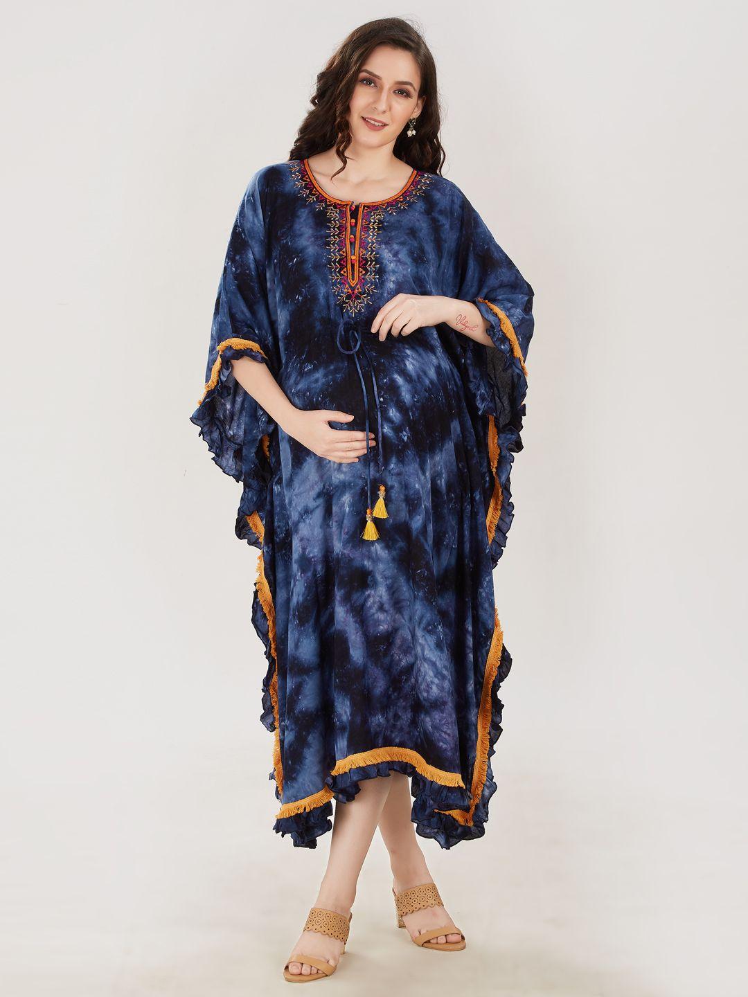 mom for sure by ketki dalal navy blue tie and dye dyed tie-up neck maternity kaftan midi dress