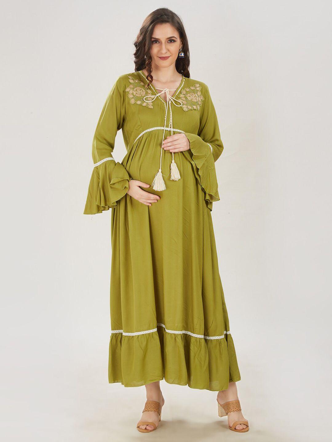mom for sure by ketki dalal olive green floral tie-up neck maternity a-line midi dress
