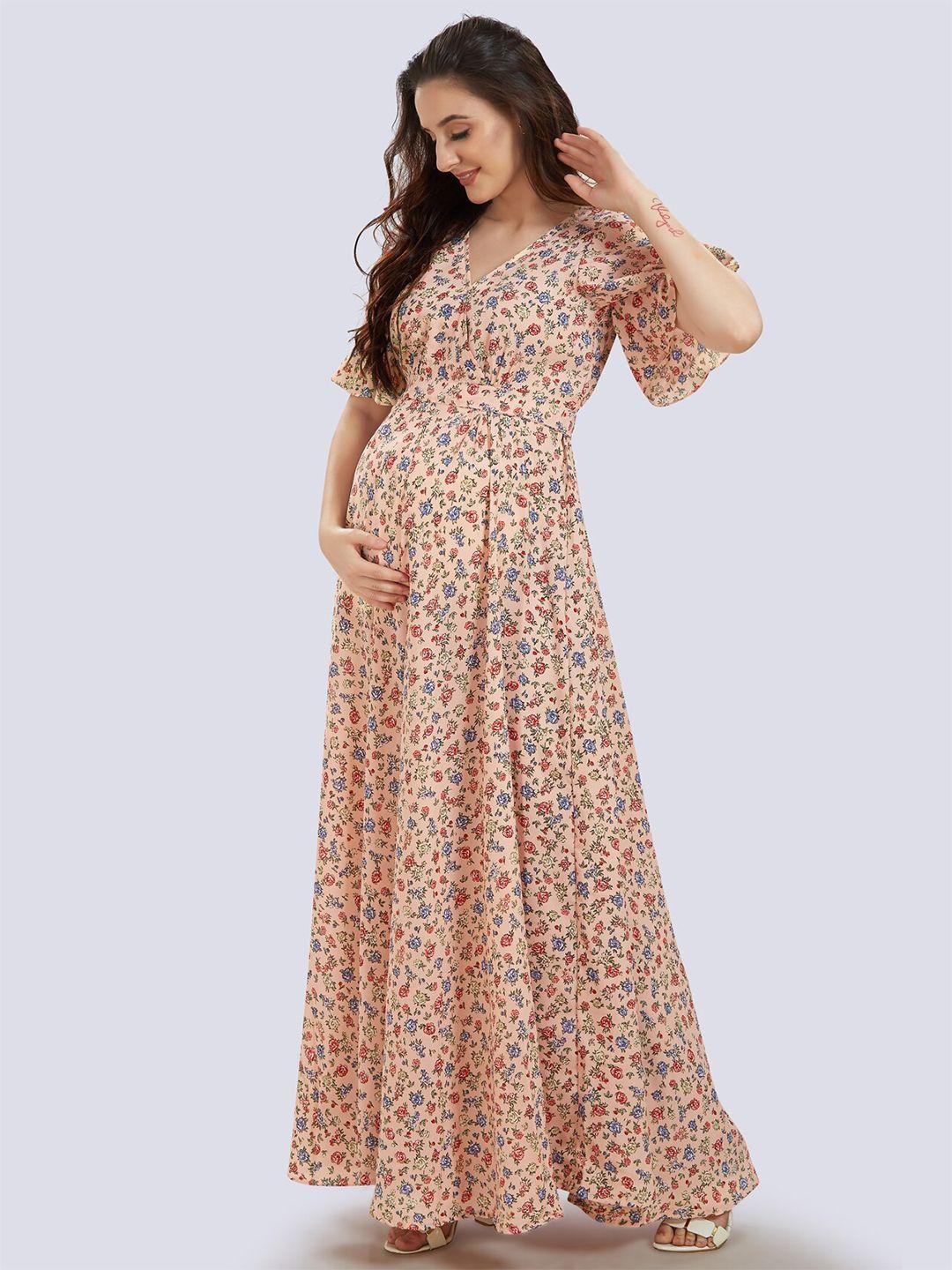 mom for sure by ketki dalal peach-coloured & red floral georgette maternity wrap dress