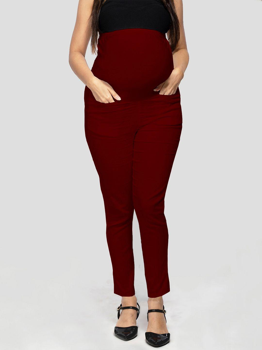mom for sure by ketki dalal women maroon urban slim tapered fit high-rise easy wash maternity trousers