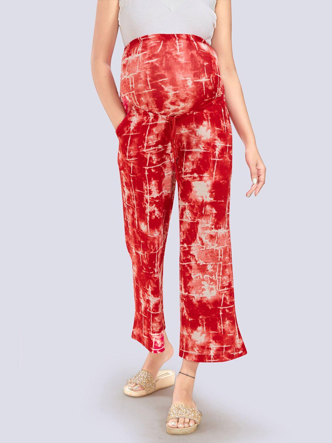 mom for sure by ketki dalal women red tie and dye printed relaxed straight leg high-rise easy wash maternity trousers