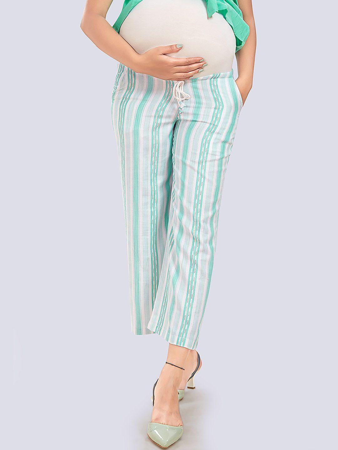 mom for sure by ketki dalal women sea green striped relaxed straight fit high-rise easy wash maternity trousers