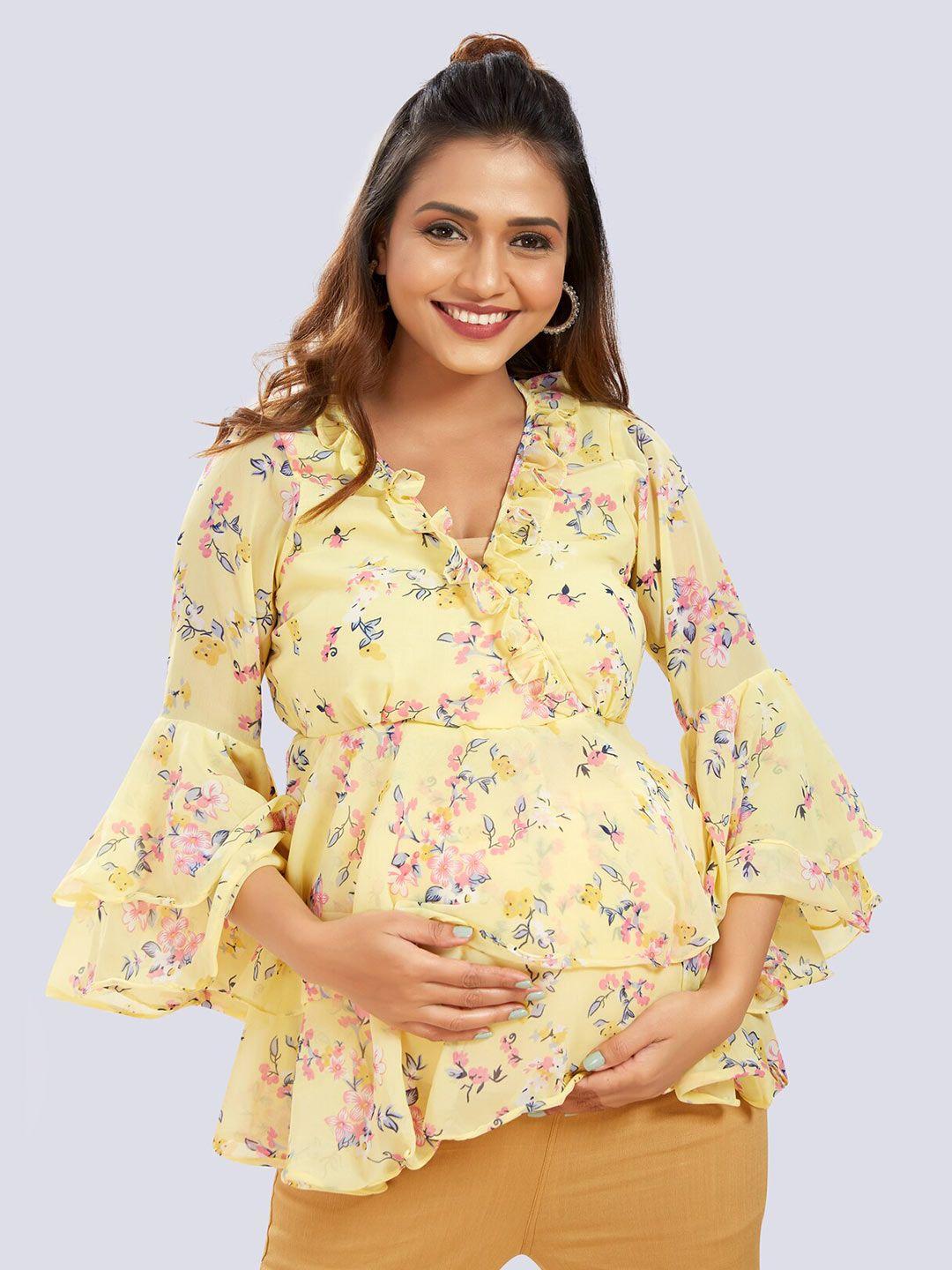 mom for sure by ketki dalal women yellow floral print nursing layered georgette top