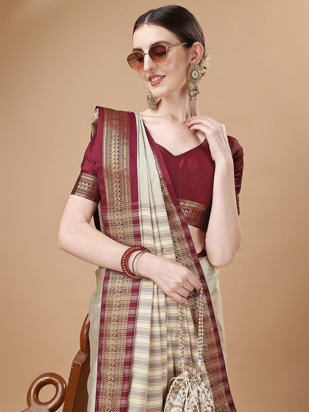 momina fashion cream-coloured & maroon woven design zari banarasi saree