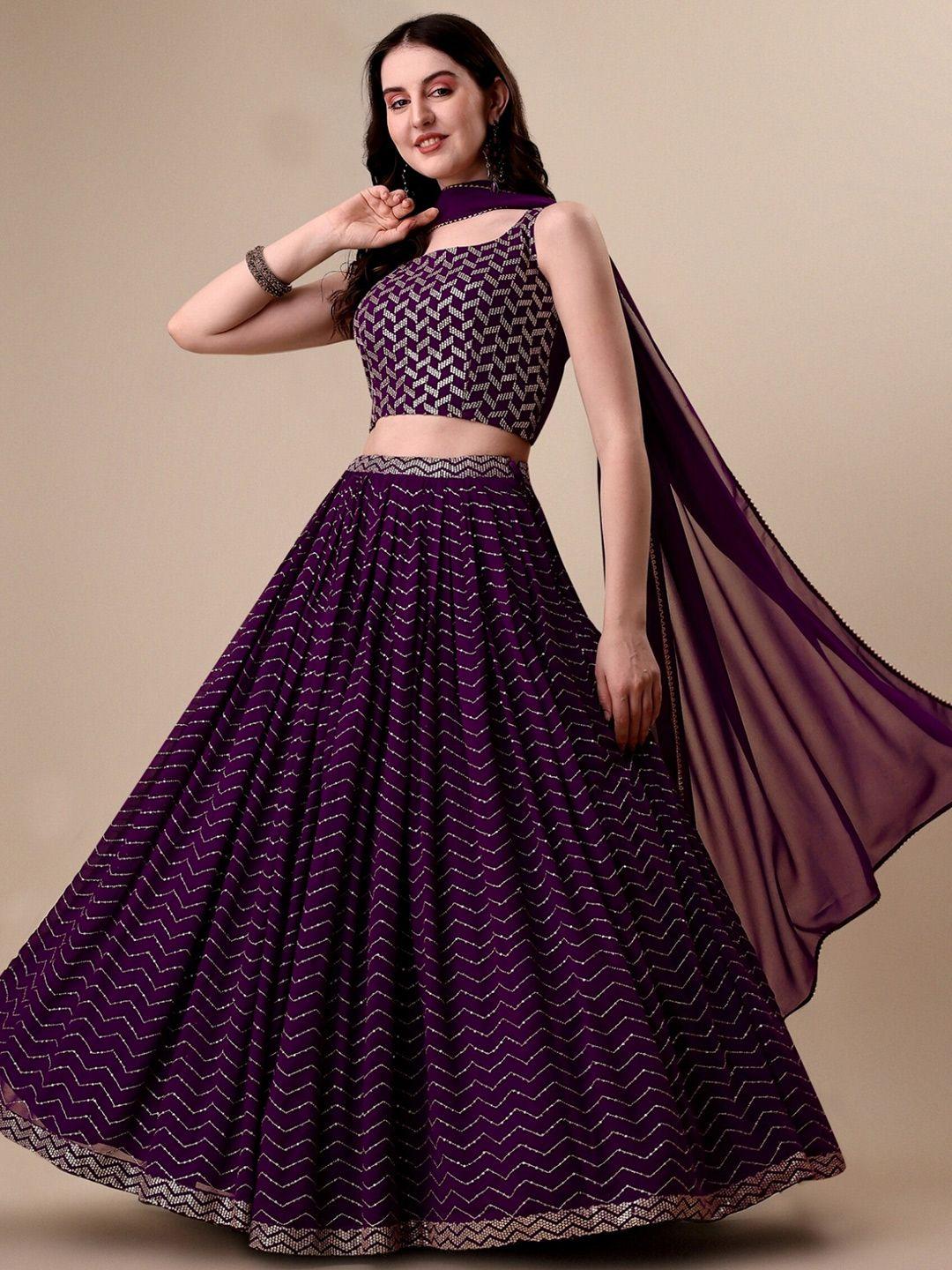 momina fashion purple embroidered sequinned semi-stitched lehenga & unstitched blouse with dupatta