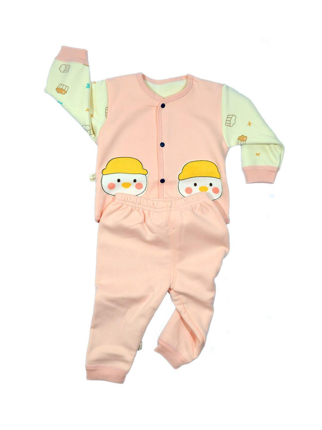moms home infant kids pink & yellow printed cotton night suit