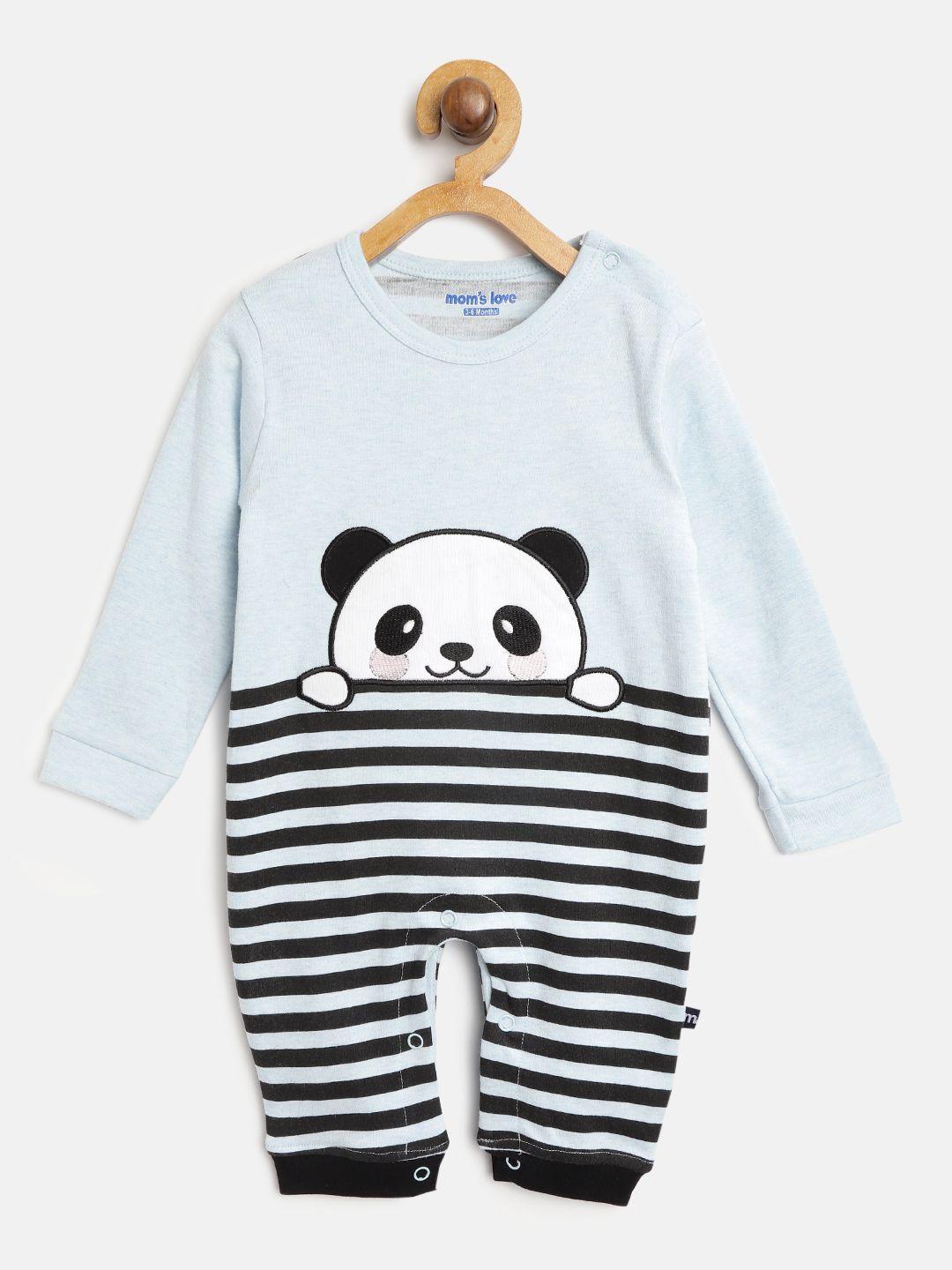 moms love boys blue & black striped rompers with panda applique detail