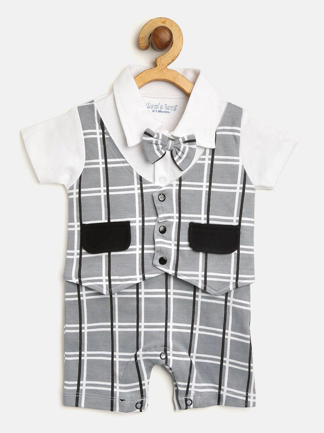 moms love boys grey & white checked rompers with attached waistcoat